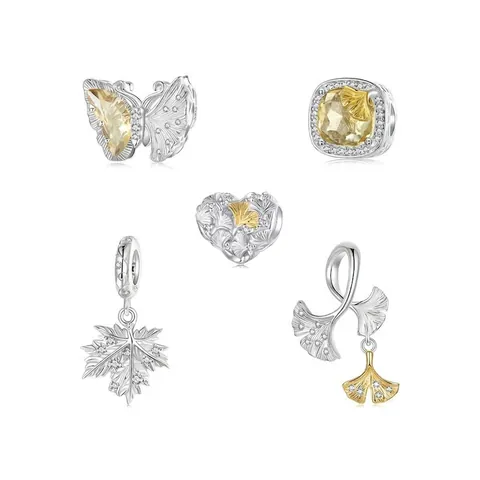 S925 Sterling Silber Ginkgoblatt Schmetterling Ahornblatt Herz Charms Zwei Töne Vergoldet Zirkonia DIY Anhänger Für Schmuck