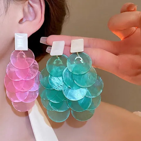 Bohemian Vacation Style Stacked Circular Shell Resin Drop Earrings With Silver Earring Post Geometric Jewelry For Women