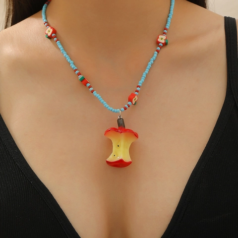 Summer Dopamine Beaded Colorful Apple Core Pendant Necklace For Women Alloy Resin Rhinestone Fruit Theme Cool Girl Jewelry