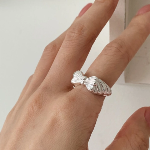 925 Sterling Silver Bowknot Ring For Women Adjustable Open Finger Jewelry Sweet Vintage Pleated Textured Style Gift