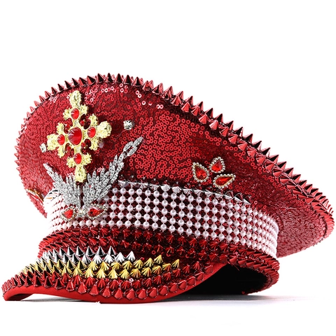 Cappello Da Capitano Con Paillettes Berretto Militare Da Festival Con Borchie Künstliche Perle Strass Croce Per Festa Palco Carnevale Punk