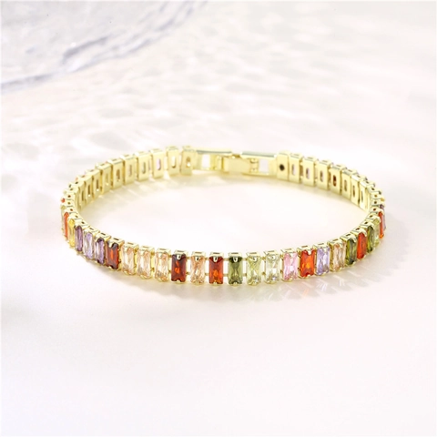 Bracciale In Zircone Colorato Per Donna Rame Placcato Oro Hip Hop Moda Pietre Multicolore Rettangolari Gioielli