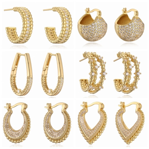 Vintage Copper Plated 18K Gold Zirconia Geometric Stud Earrings For Women Minimalist Hollow Lace Design Fashion Jewelry Accessory