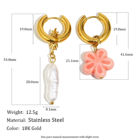 Asymmetric Hoop Earrings 18K Gold Plated Stainless Steel With Pink Ceramic Flower And White Artificial Baroque Pearl For Women
