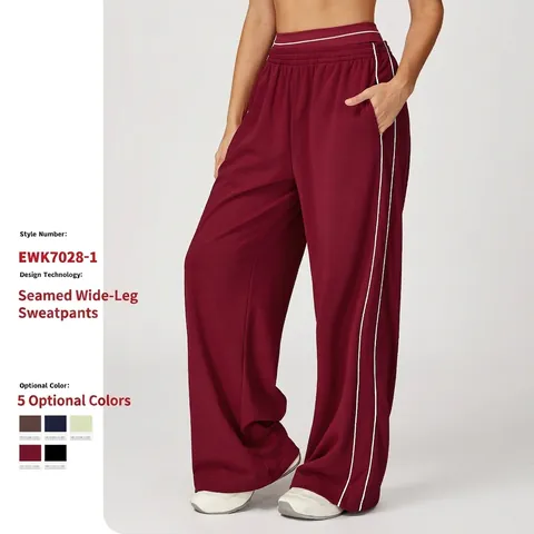 Pantalones De Chándal Mujer Cintura Alta Pernera Ancha Mezcla De Algodón Rectos Sueltos Rayas Laterales Cintura Elástica