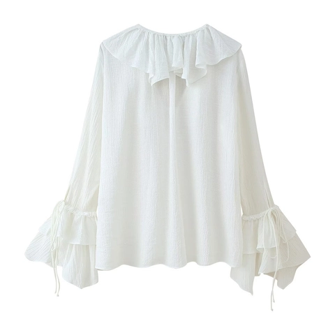 Witte Chiffon Blouse Met Ruches V Hals Lange Gelaagde Mouwen Kreukeltextuur Strikdetail Elegante Dames Tops