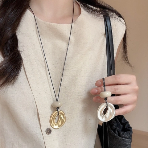Long Necklace Irregular Geometric Alloy Ring Pendant With Bead And Black Rope Women Minimalist Sweater Chain Fashion