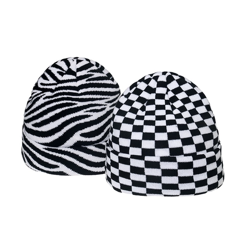 Winter Strickmütze Beanie Für Damen Herren Leopard Kuh Zebra Schachbrettmuster Warm Acryl Umschlagmütze Outdoor
