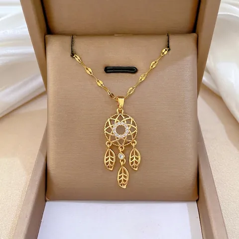 Collier Pendentif Attrape Rêves Chaîne En Acier Inoxydable Et Cuivre Avec Zircon Gland De Plume Plaqué Or Bijoux Femmes