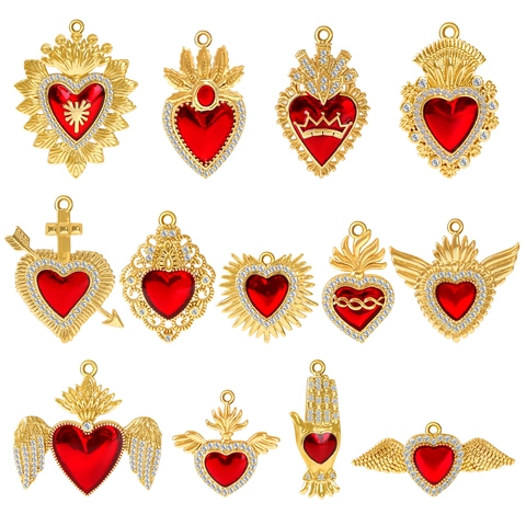 Retro Red Sacred Heart Pendants Gold Plated Copper With Zircon Rhinestone DIY Jewelry Accessories For Necklace Making
