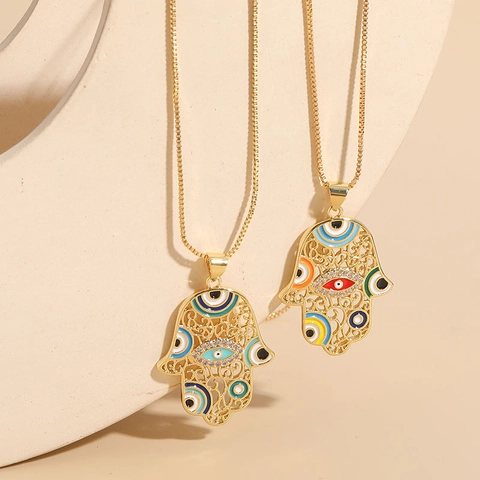 Hamsa Hand Evil Eye Anhänger Halskette Kupfer 14K Vergoldet Zirkon Emaille Ethnischen Stil Modeschmuck Für Frauen