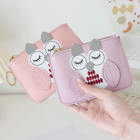 Portamonete Gufo Cartone Animato Pelle PU Sottile Mini Chiusura Lampo Portachiavi Per Donne Ragazze Borsa Ricamata
