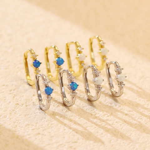 925 Sterling Silver Geometric Hoop Earrings With Artificial Opal Rhinestone Inlaid Fashion Jewelry For Women Banquet Wedding