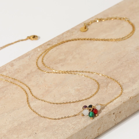Doppellagige Halskette Edelstahl Bunte Naturstein Perlen Vintage Zierlich Nischen Design Schmuck Für Damen