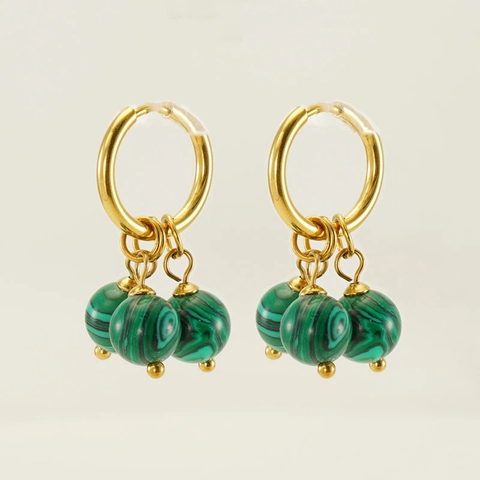 Natural Stone Stainless Steel Hoop Earrings 18K Gold Plated Bohemian Retro Malachite Dangle Jewelry For Women