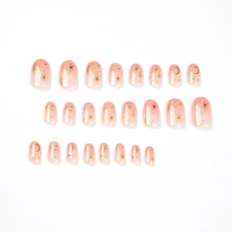 Unghie Finte A Pressione Sfumatura Rosa Resina Lucida Motivi Stelle Lune Dorate Manicure Ovale Per Donne Stile Francese