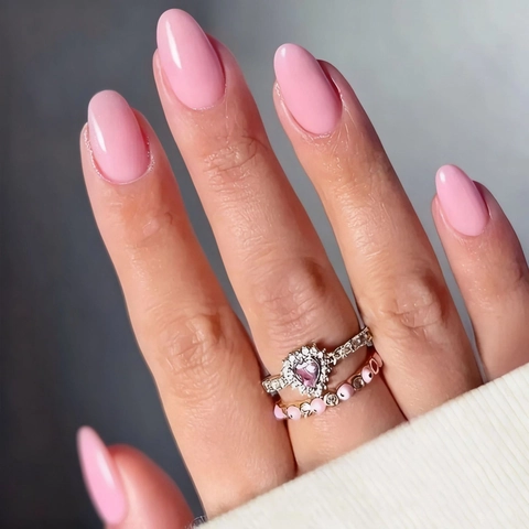 Press On Nails Oval Medium Long Glossy Solid Color ABS Plastic DIY Manicure For Women Girls Sweet Pink