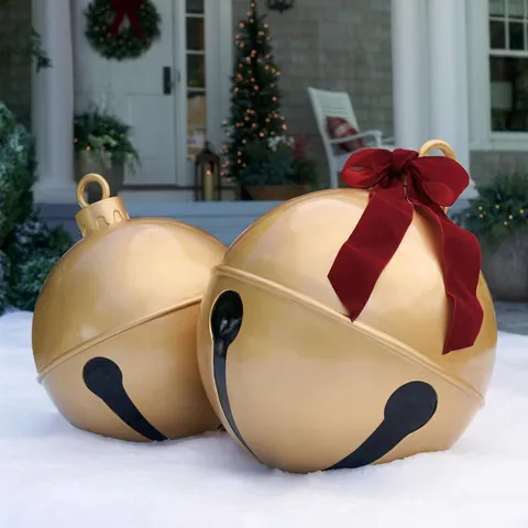 Natale Campana Gonfiabile Gigante Decorazione Esterna PVC Oro Metallico Palloncino Con Ornamento Fiocco Rosso