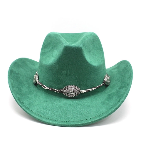 Western Cowboy Hoed Suede Breed Rand Etnisch Gevlochten Band Zilveren Metalen Versieringen Outdoor Unisex