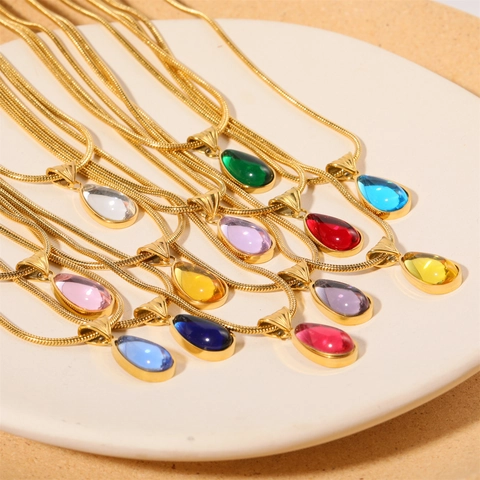Geboortesteen Druppelketting Titanium Staal Verguld Glas Waterdruppel Hanger Mode Sieraden Dames