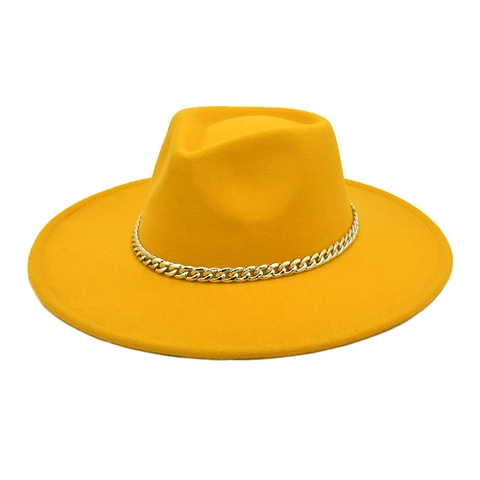 Fashion Fedora Hat Woolen Felt Wide Brim With Metal Chain Vintage Jazz Cap For Men Women Autumn Winter Accessories