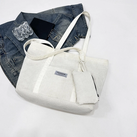 Corduroy Tote Bag Large Capacity Women Shoulder Bag With Matching Pouch Zipper Casual Solid Color Simple Fashion