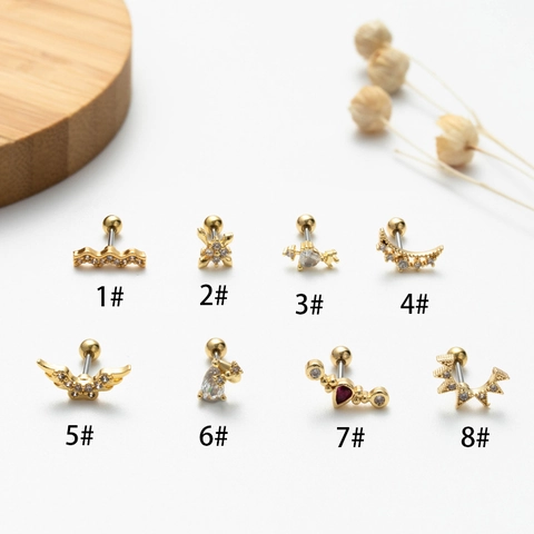 Stainless Steel Cubic Zirconia Cartilage Stud Earrings Screw Back Wings Heart Star Moon Piercing Jewelry For Women