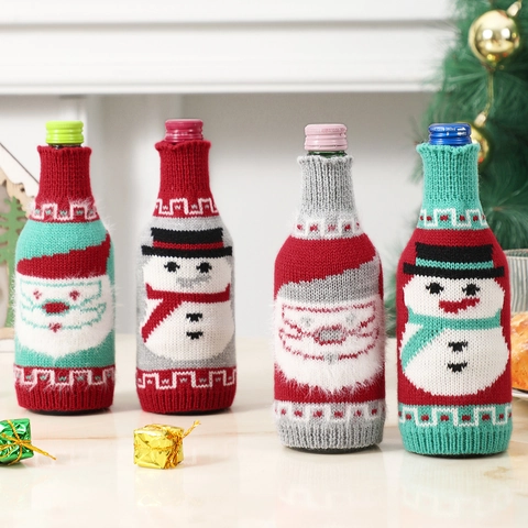 Christmas Knitted Wine Bottle Covers Santa Claus Snowman Patterns Acrylic Yarn Holiday Dining Table Decoration