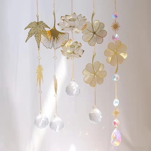 Kristallen Suncatcher Prisma Metalen Blad Hangend Ornament Regenboogmaker Voor Raam Huis Tuin Decor Goudkleur