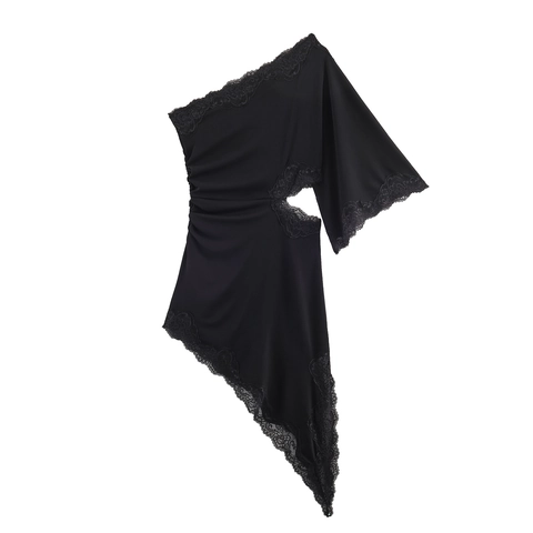 Vestito Midi Sexy Monospalla Da Donna Bordo In Pizzo Ritagliato Arricciato Orlo Asimmetrico Vestibilità Aderente Festa