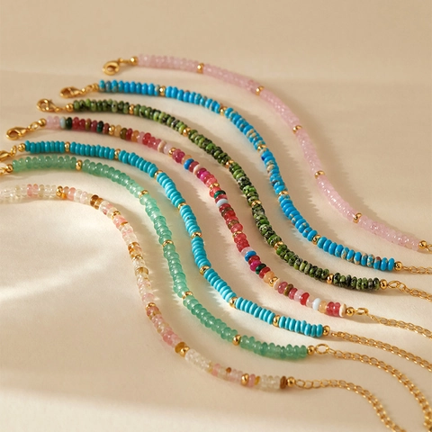 Bracciale in Pietra Naturale Fatto a Mano con Perline di Cristallo Placcato Oro Turchese Colorato Gioielli Bohemian Donna