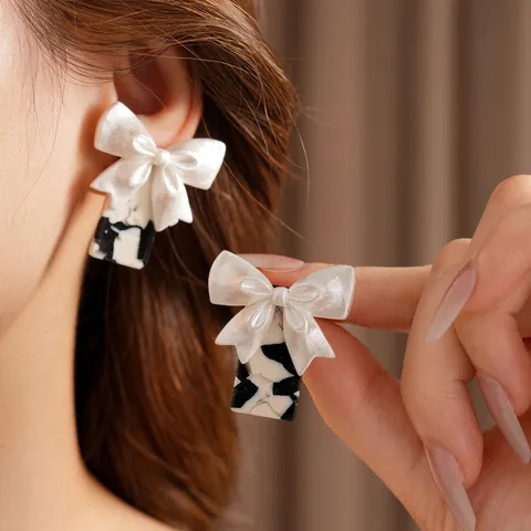Bow Design Square Earrings With 925 Sterling Silver Earring Post Resin Marble Pattern Vintage Style For Women