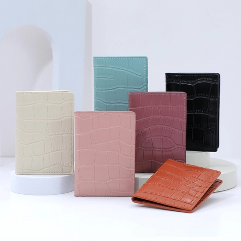 Women PU Leather Crocodile Pattern Bifold Card Holder Slim Credit Card Organizer Photo Window Macaron Colors Sweet Style