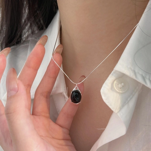 925 Sterling Silver Necklace With Black Agate Oval Pendant Minimalist Vintage Korean Style Snake Bone Chain Jewelry Women