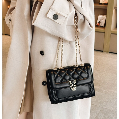 Borsa A Tracolla Trapuntata A Rombi Da Donna In Pelle PU Catena Dorata Borsa A Mano Crossbody Con Chiusura A Testa Di Cervo