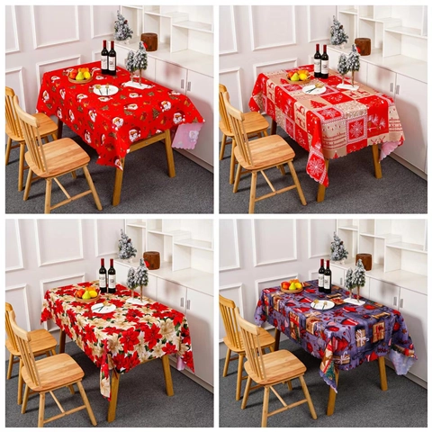 Christmas Printed Polyester Tablecloth Santa Claus Reindeer Snowflake Pattern Rectangular Holiday Table Cover For Dining Decor