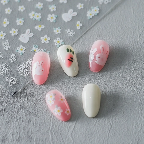5D Embossed Nail Art Stickers Cartoon Rabbit White Daisy 3D Self Adhesive Manicure Decoration For Women