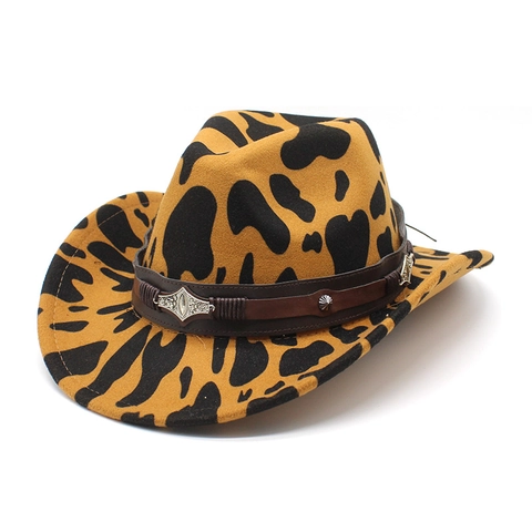 Chapeau De Cow-boy Western Feutre De Laine Imprimé Vache Large Bord Rétro Bande Cuir Boucle Métal Style Ethnique Extérieur Hommes Femmes