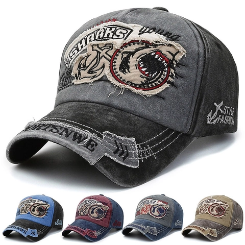 Washed Cotton Baseball Cap Vintage Distressed Sharks Embroidery Retro Outdoor Sunshade Hat For Men And Women Adjustable