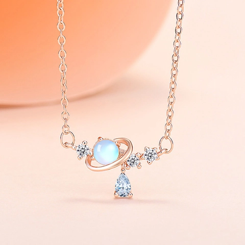 Korean Style Planet Zirconia Waterdrop Pendant Necklace For Women Copper Electroplated Fashion Literary Clavicle Chain Jewelry