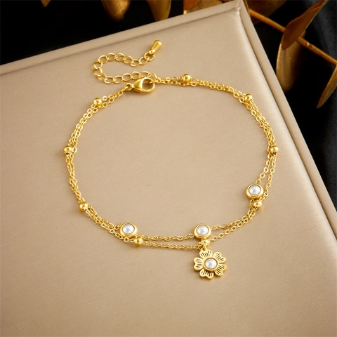 Fußkettchen Zweilagig Edelstahl Mit Künstliche Perlen Blumenanhänger Vergoldet Elegant Fußschmuck Für Damen Verstellbar