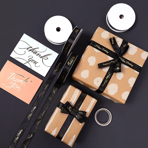 Satin Gift Wrapping Ribbon Gold Stamped Happy Birthday Sweet Time For Birthday Party Cake Box Decor DIY Crafts Elegant