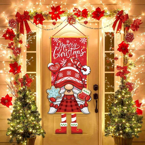 Kerst Hangbanner Van Polyester Rood Kabouter Sneeuwvlok Ontwerp Feestelijke Wanddecoratie Voor Voordeur Feest Thuis