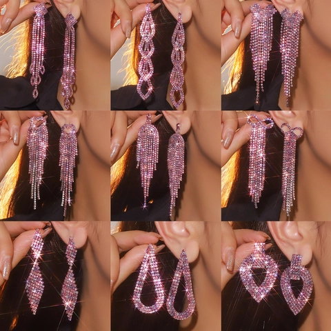 Pink Rhinestone Long Tassel Drop Earrings For Women Luxury Shiny Alloy Jewelry Wedding Party Prom Bridal Elegant Accessory