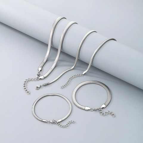 Stainless Steel Necklace And Bracelet Flat Herringbone Snake Chain Minimalist Silver Color Jewelry For Men Women