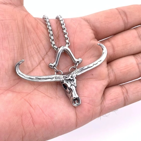 Vintage Stierkop Schedel Hanger Ketting Voor Mannen Roestvrij Staal Lange Hoorn Gothische Hip Hop Sieraden