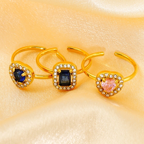 Verstelbare Open Ring 18K Verguld Roestvrij Staal Hart Rechthoek Zirkoon Strass Luxe Sieraden Dames