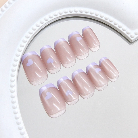 Handmade French Heart Cat Eye Press On Nails Taro Purple Sweet Square Short Nails For Women Decorative Nail Art Decoration