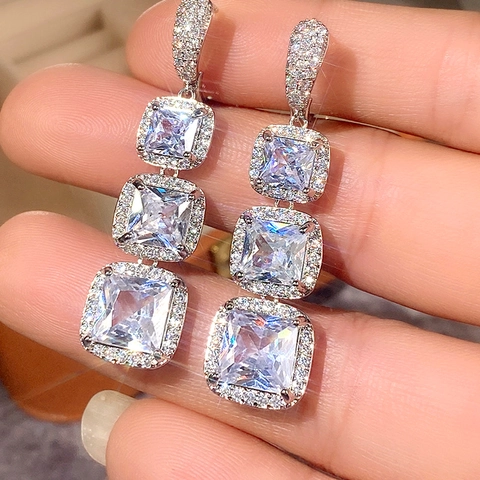 Pendientes Largos Cuadrados De Circón Cobre Brillante Geométrico Graduado Para Mujeres Joyería De Fiesta