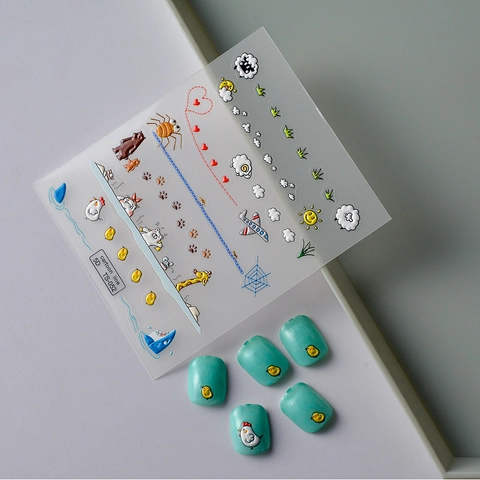 5D Embossed Nail Stickers Cartoon Animal Sheep Chicken Shark DIY Manicure Self Adhesive Waterproof Cute Decor